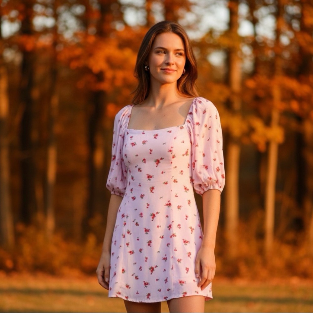 Cottagecore Light Pink Floral Peasant Mini Dress